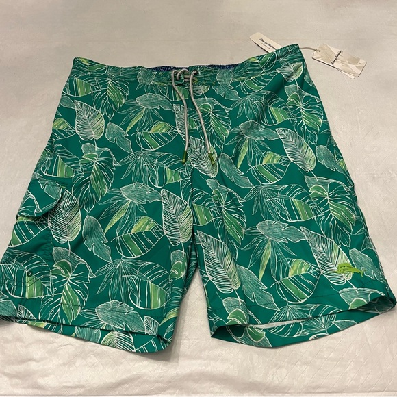 Tropical Green Leaf Print Swim Shorts